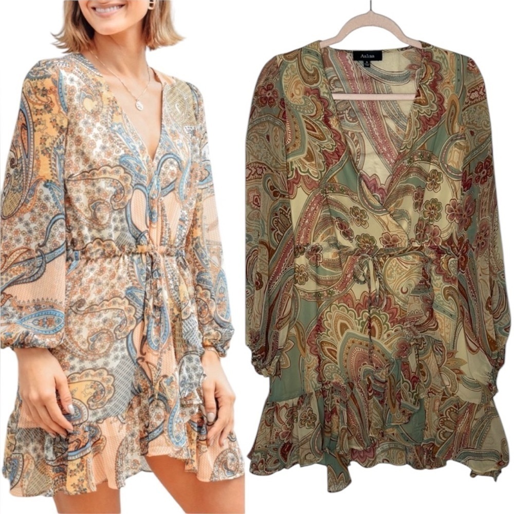 Aakaa Paisley Print Faux Wrap Long Sleeve Mini Dress